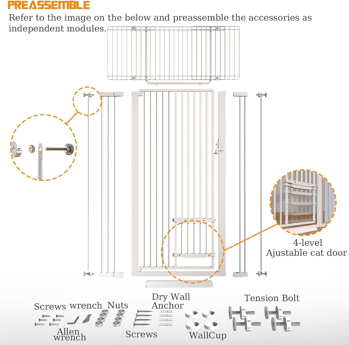 71" Extra Tall Cat Gate 29.5-40.6 Wide Pet gate with Small Cat Door - White / 71 inches SET A - image 3