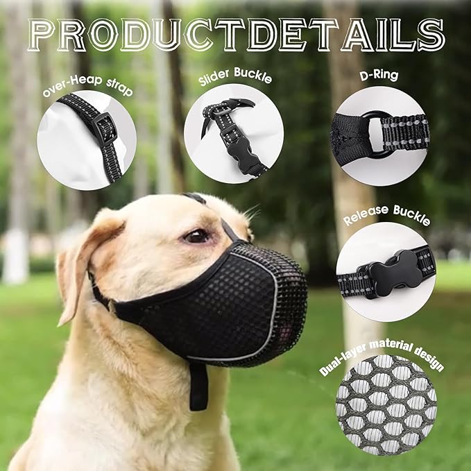 Dog Muzzle, Mesh Soft Muzzle for Small Medium Large Sized Dogs, Breathable Adjustable Puppy Muzzles for Scavenging Biting Licking and Chewing, Allows Panting and Drinking (Reflective Mesh, M)