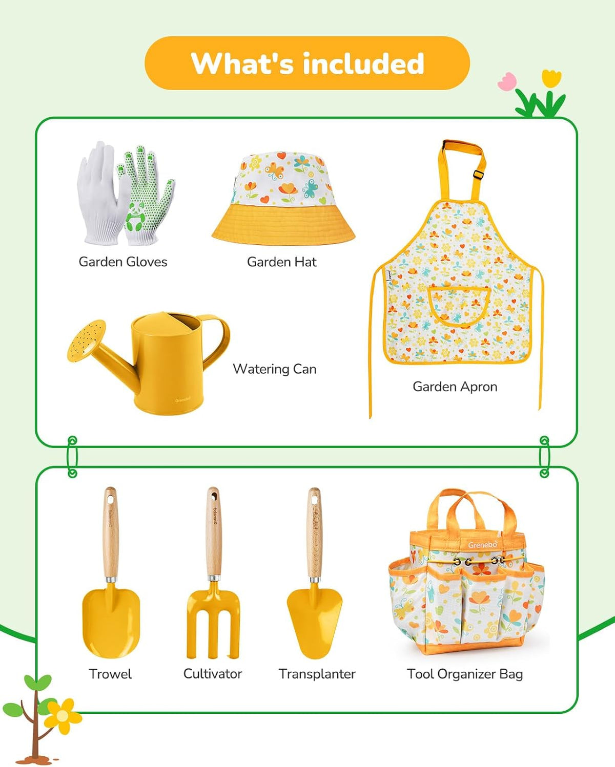 Grenebo 8-Piece Kids Gardening Set with Garden Tools for Kids - E-yellow - image 2
