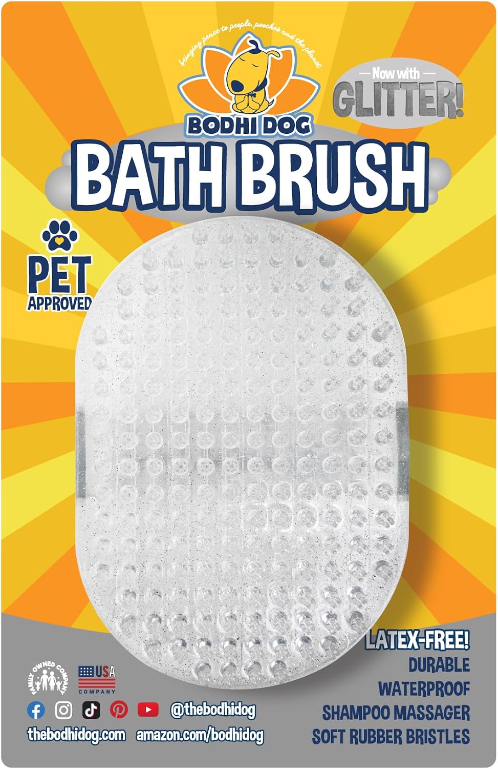 Bodhi Dog Shampoo Brush - Pet Grooming & Bath Supplies for Dogs and Cats - Bath Brush for Long - 1 Pack / Clear Silver Glitter