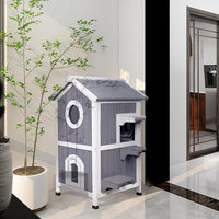 GEGURI Outdoor Cat House Weatherproof, Wooden Two-Story Feral Cat Shelter with Openable Roof, Escape Door, Balcony