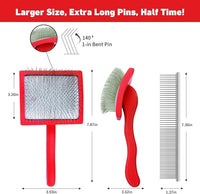 Dog Slicker Brush for Shedding and Grooming Medium or Long Haired Cats, Extra Long & Soft Pin Slicker Brush for Removes Loose Hair, Tangles, Knots, Undercoat, Free Pet Comb, Large Red