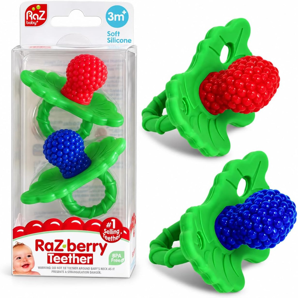 RaZbaby RaZberry Silicone Baby Teether Toy - Blue & Red / 2 Count (Pack of 1)