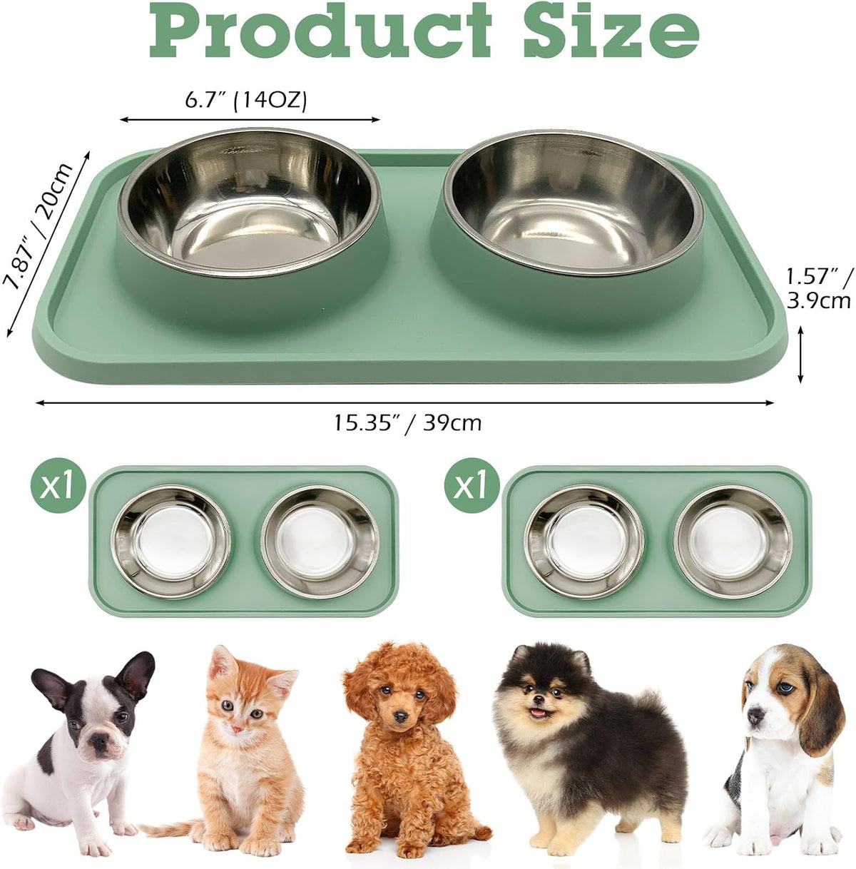 BNOSDM Double Dog Food Bowls Stainless Steel Dog Food and Water Bowls - Green【Set of 2】 - image 3