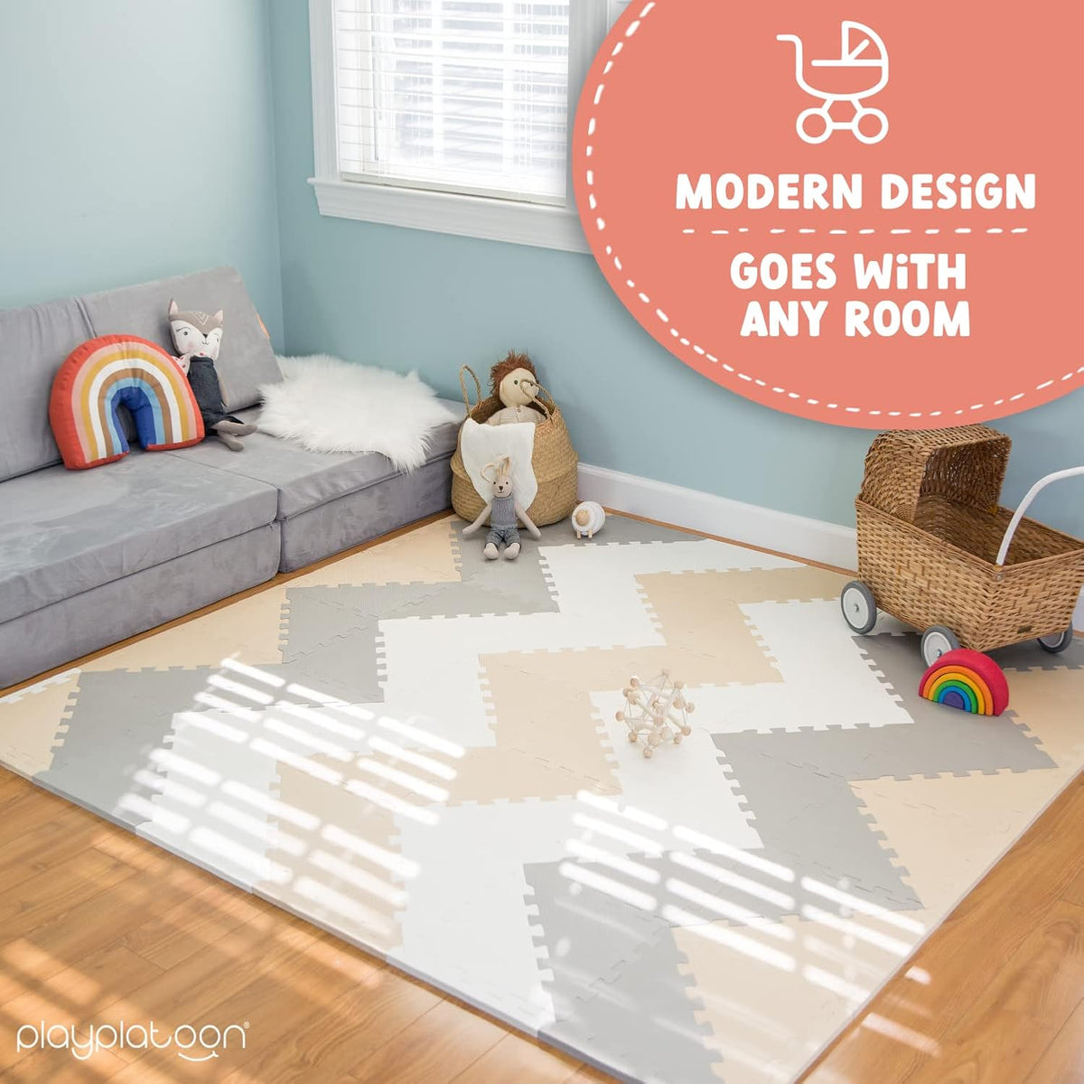 Non-Toxic Extra-Thick 36 Piece Children Play & Exercise Mat - 6x6' (Triangle) / Warm Grey/Cream/Sand - image 4