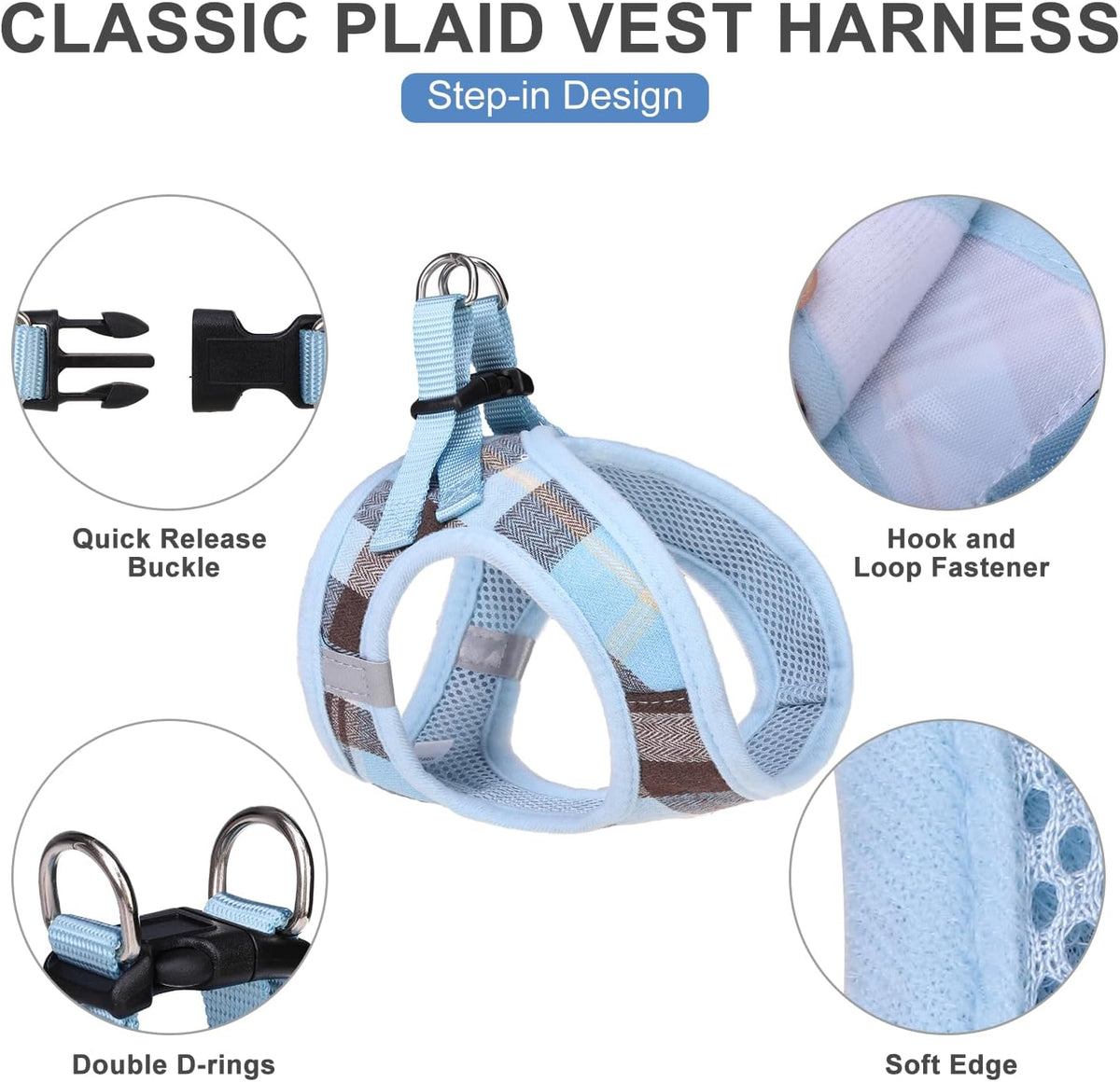 EXPAWLORER Plaid Small Dog Harness and Leash Set with AirTag Holder - Blue / X-Small - image 2