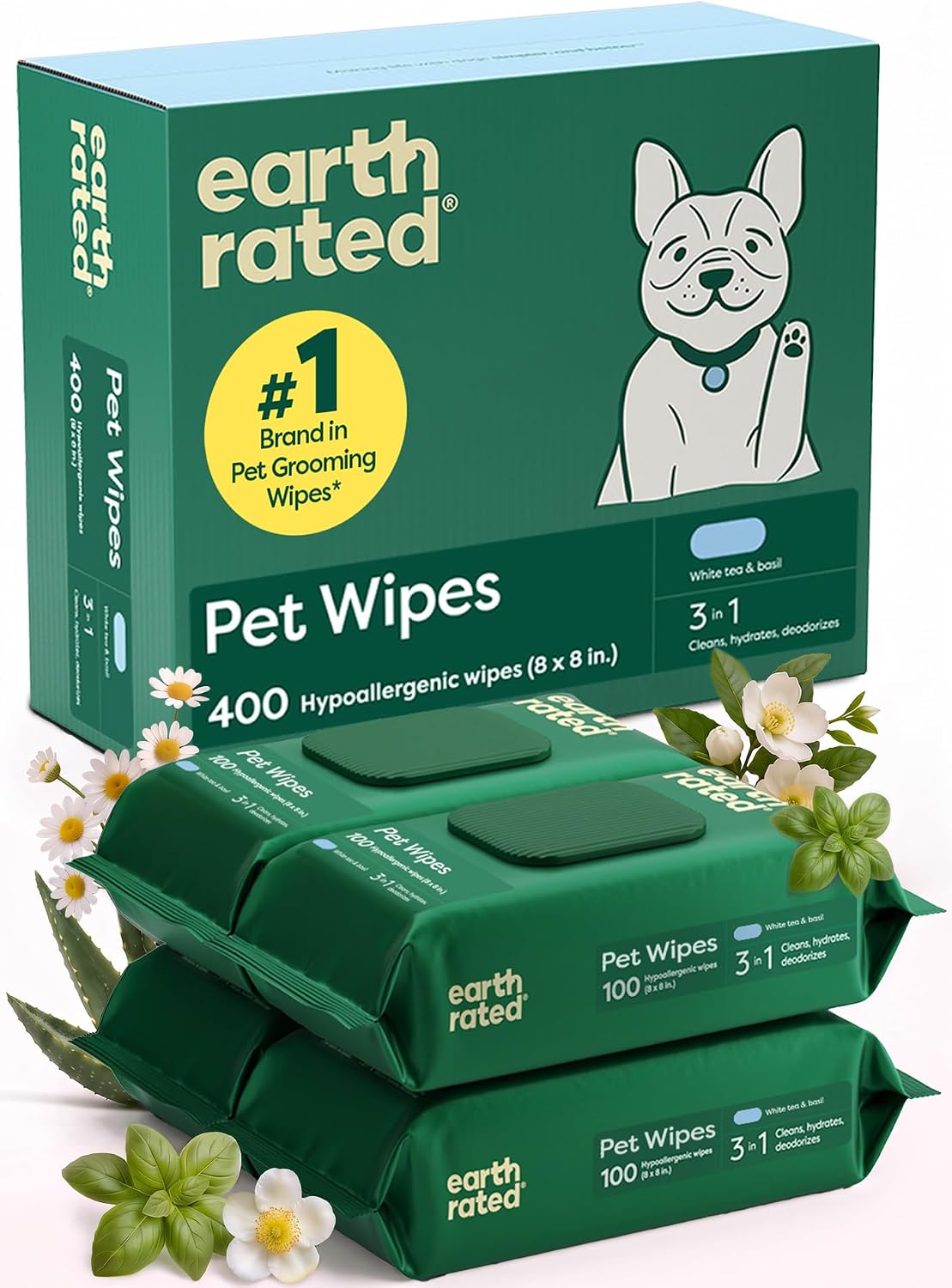 Earth Rated Dog Wipes for Paws & Butt, Deodorizing - White Tea Basil / 400 Grooming Wipes