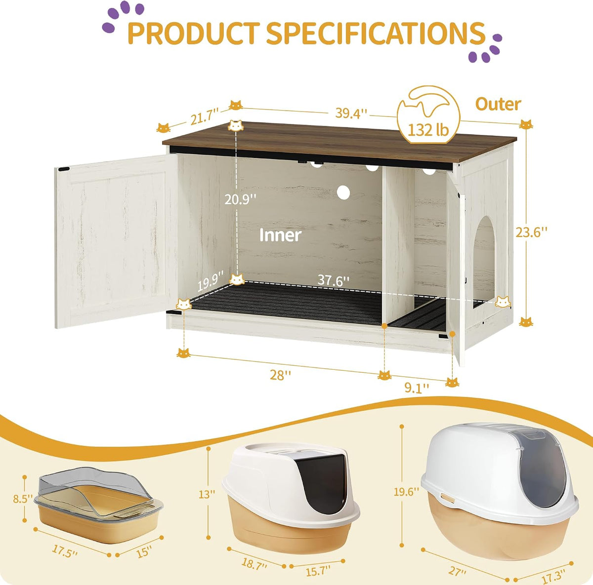 Hzuaneri Cat Litter Box Enclosure - Rustic White and Brown / 39.4"L x 21.7"W x 23.6"H - image 2