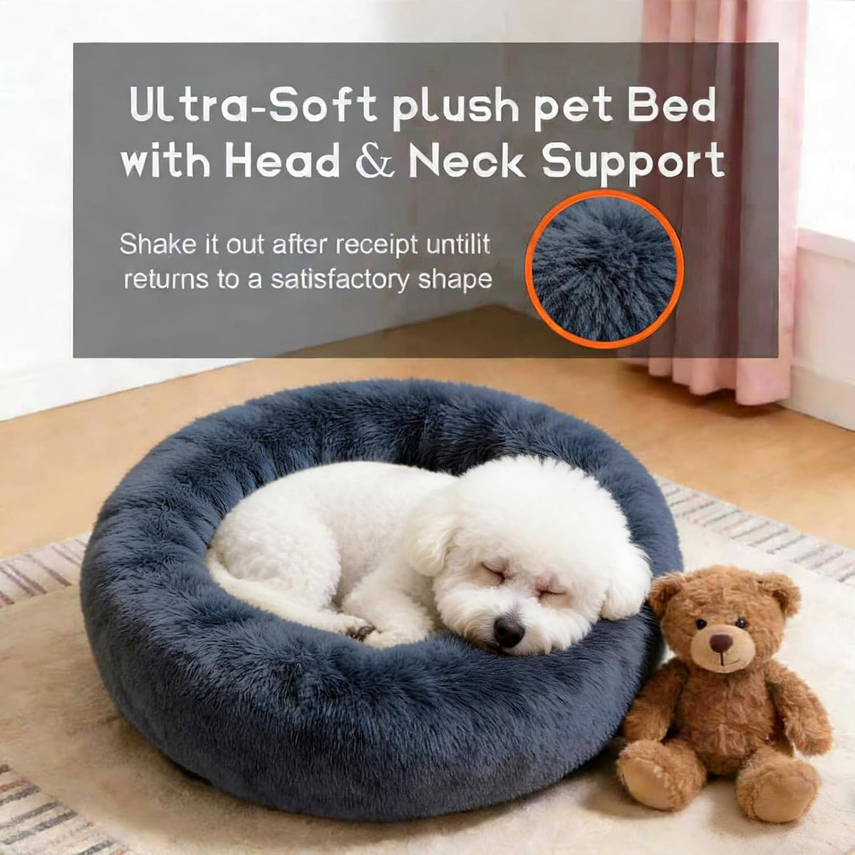 Comfort Donut Dog Bed, Ultra-Soft Pet Bed with Neck Support - 32''Lx32''Wx8''Th / Gray - image 3