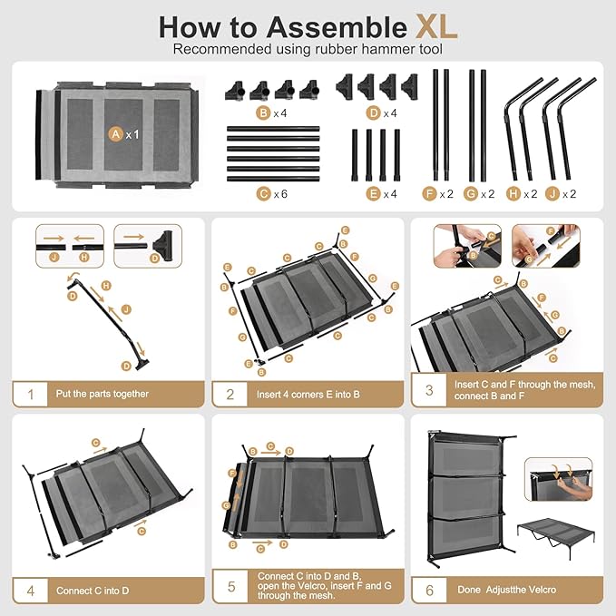 petizer 36" Elevated Dog Bed for Large Dogs, Outdoor Dog Cot Bed Waterproof, XL Dog Bed with Supporting Bars - Up to 120 LBs, Washable Breathable Raised Cooling Pet Bed, Indestructible, Large