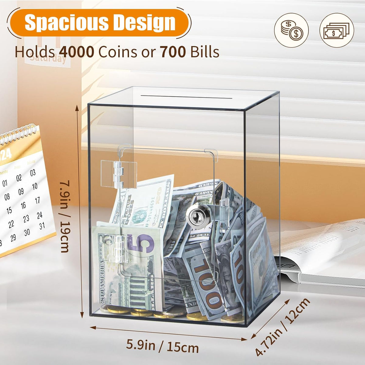 Hicocool Clear Acrylic Piggy Bank with Lock & Key - Brown - image 3