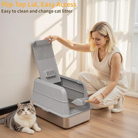 Stainless Steel Litter Box with Lid, XL Extra Large Cat Litter Box, Enclosed Metal Litter Pan with High Sided Enclosure & Scoop, Anti Leakage, Easy to Clean, Odor Control(Grey)