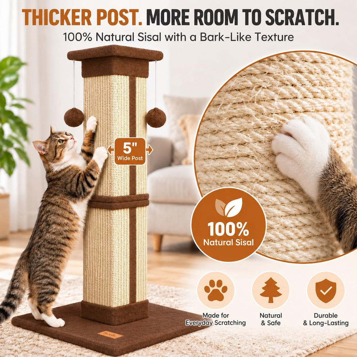Cat Scratching Post 33 Inch for Indoor Cats - Brown - image 4