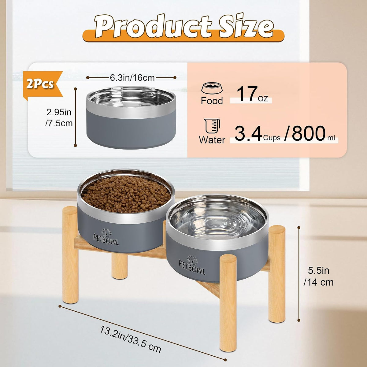 UPSKY 27oz Elevated Stainless Steel Dog Bowls Non-Slip Wooden Stand - Grey - image 2