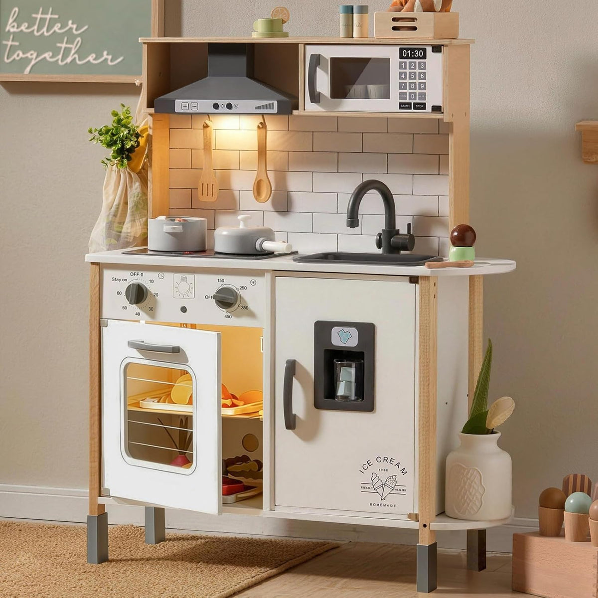 Tiny Land Play Kitchen for Kids, Real Lights - White