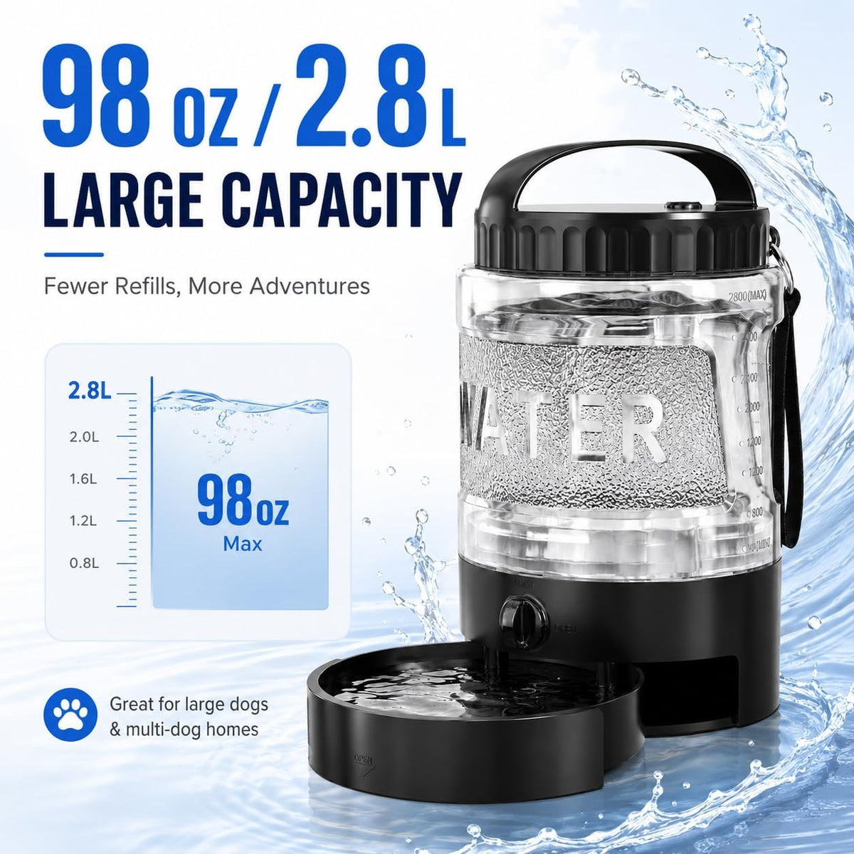 Portable Dog Water Bottle with Bowl, Large 77 oz/2.2 L, Black – Essentials for Dogs - 98OZ-Black - image 2