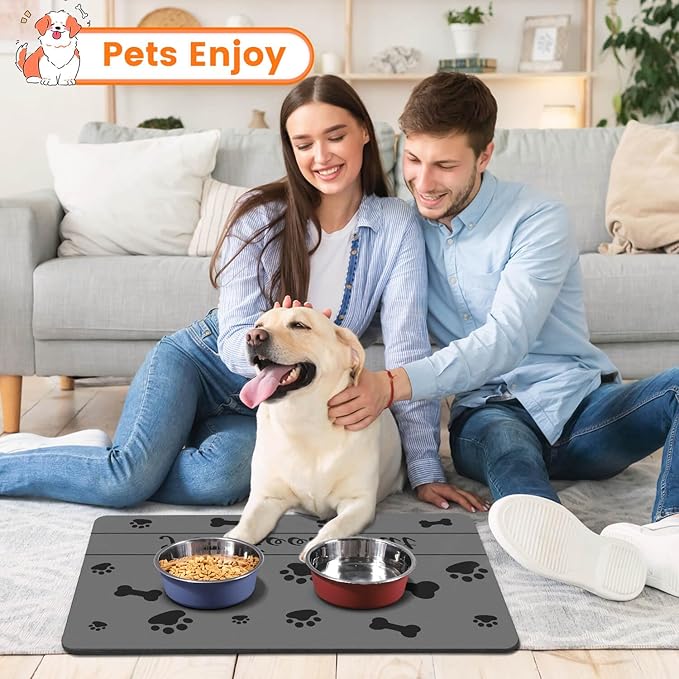 Pet Feeding Mat-Absorbent Pet Placemat for Food and Water Bowl, with Waterproof Rubber Backing, Quick Dry Water Dispenser Mat for Dog and Cat (16"x24", Dark Gray)
