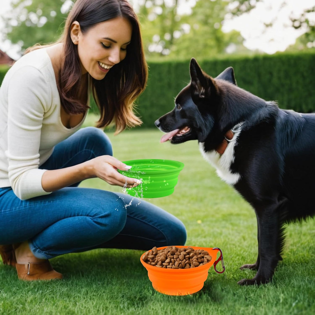 Dog Bowl Pet Travel Collapsible Bowls 2 Pack - Orange + Green - image 2