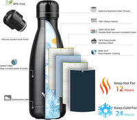 Insulated Water Bottles,12 oz Double Wall Stainless Steel Vacumm Metal Flask for Sports Travel,Midnight Black