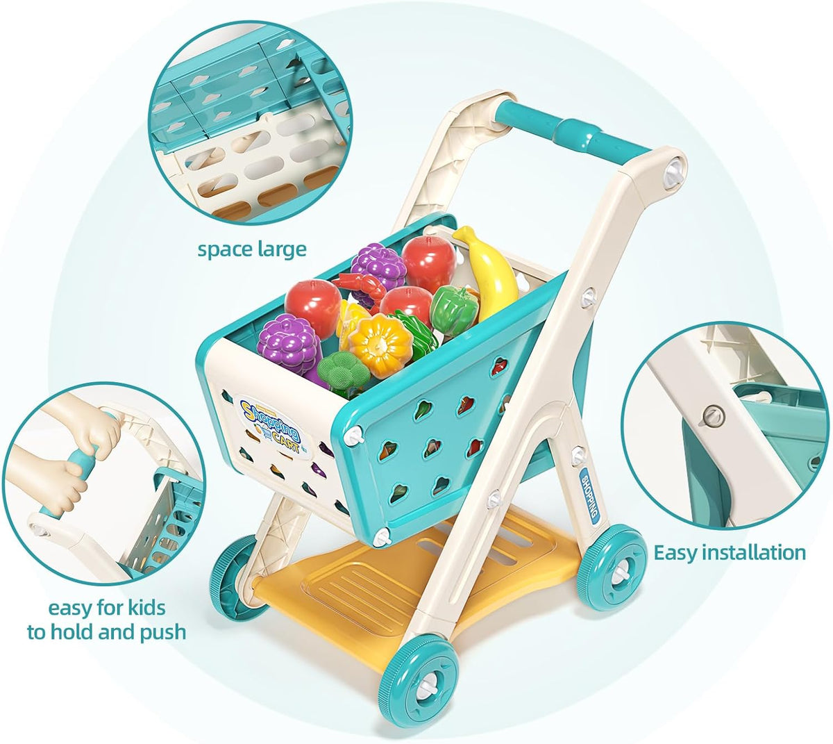 Jovow 102pcs Kids Shopping Cart Trolley Play Set with Pretend Food – Fun for Kids & Family - Green - image 3