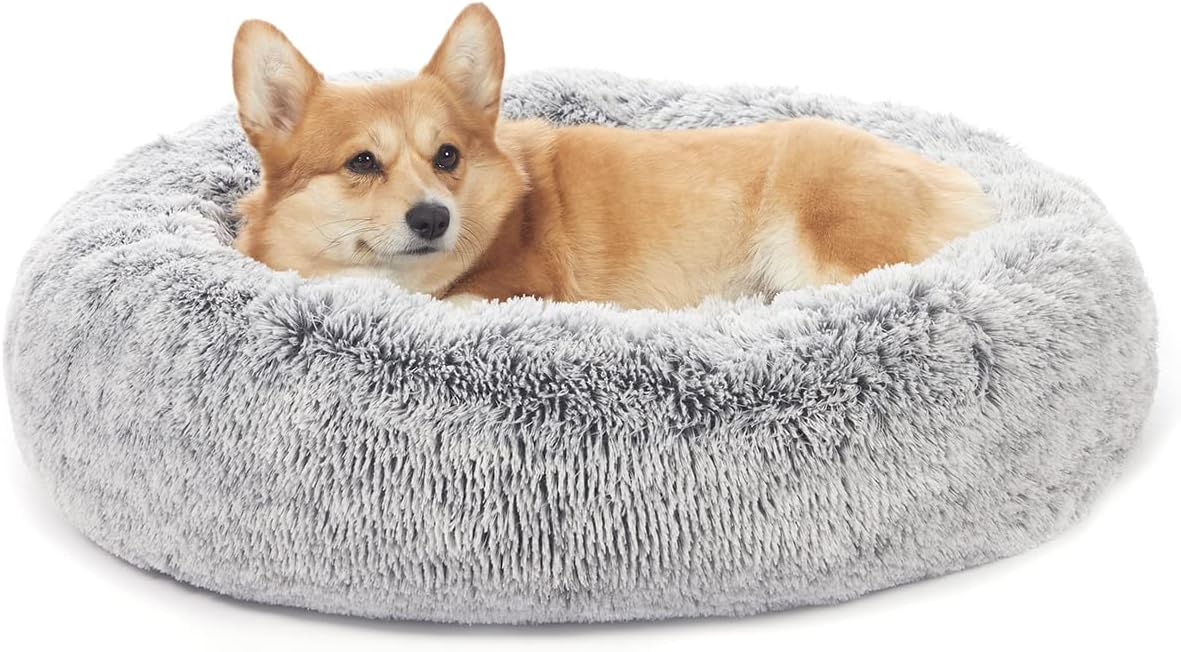 Calming Fluffy Donut Dog Bed for Large Dogs, 36" Round - 30.0"L x 30.0"W x 8.0"Th / Dark Grey