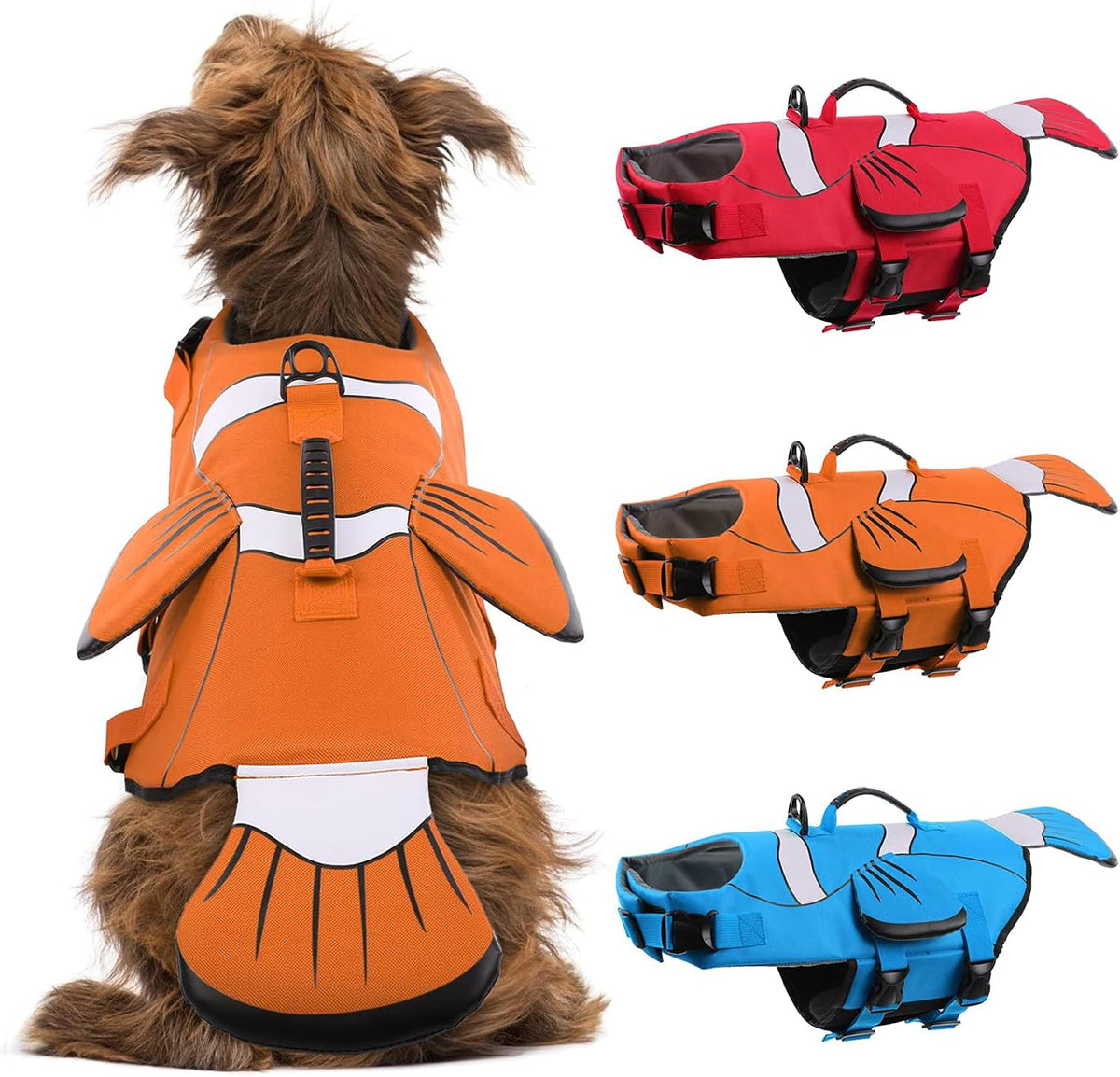 DENTRUN clownfish-shaped dog life jacket with rescue handle and bright colors