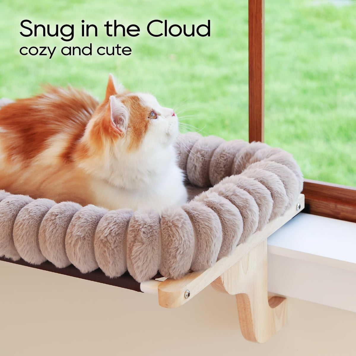 Zakkart SnugCloud Cat Perch for Windowsill – Essentials for Cats - Natural Color Wood w/ Brown Bed / Medium (22"x15") - image 2