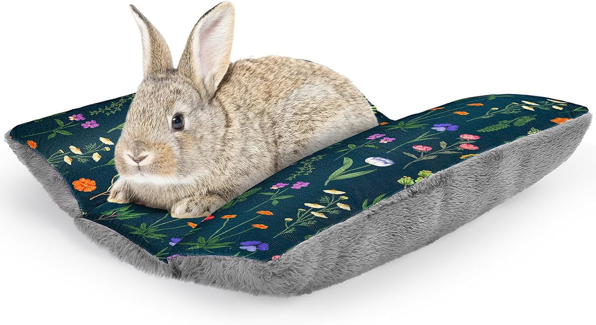 15"x14" Soft Plush Rabbit Bed Washable Cuddle Mat for Small Pets – Daily Care for Small Pets - Dark Green Flowers / Medium