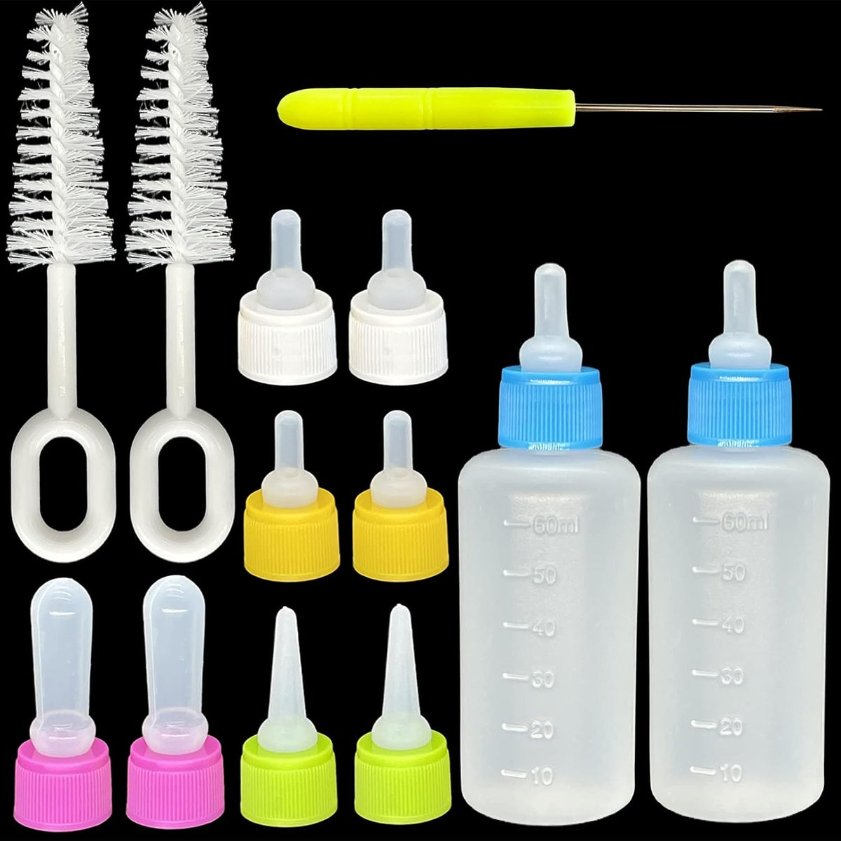 Pet nursing bottle kit with 2 squeeze bottles, 10 silicone nipples and brushes