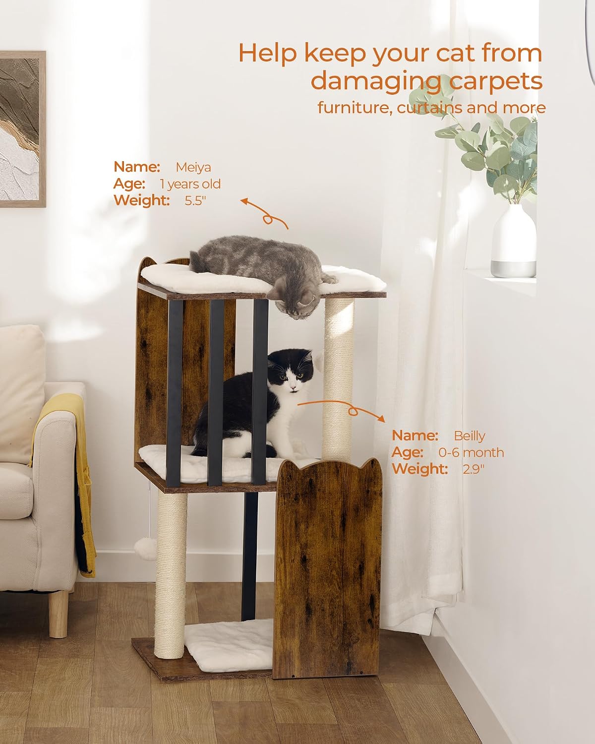 Modern Cat Tree for Large Cats, Full Sisal Cat Scratching Post – Essentials for Cats - Rustic Brown / 19.1"L x 13.8"W x 35.4"H - image 2