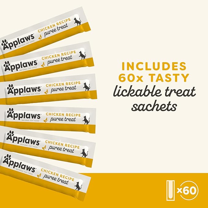 Applaws Lickable Cat Treats, Natural Grain-Free Purée, Limited Ingredient, Chicken Squeeze Up Cat Treats (60 x 0.5 oz Sachets)