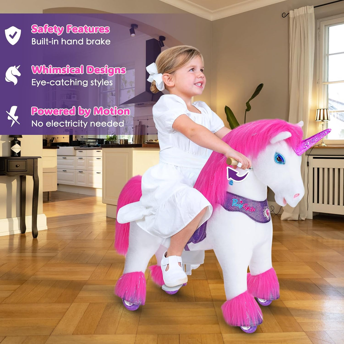 PonyCycle rainbow ride-on unicorn for toddlers with plush body, handlebars and hand brake - view 13