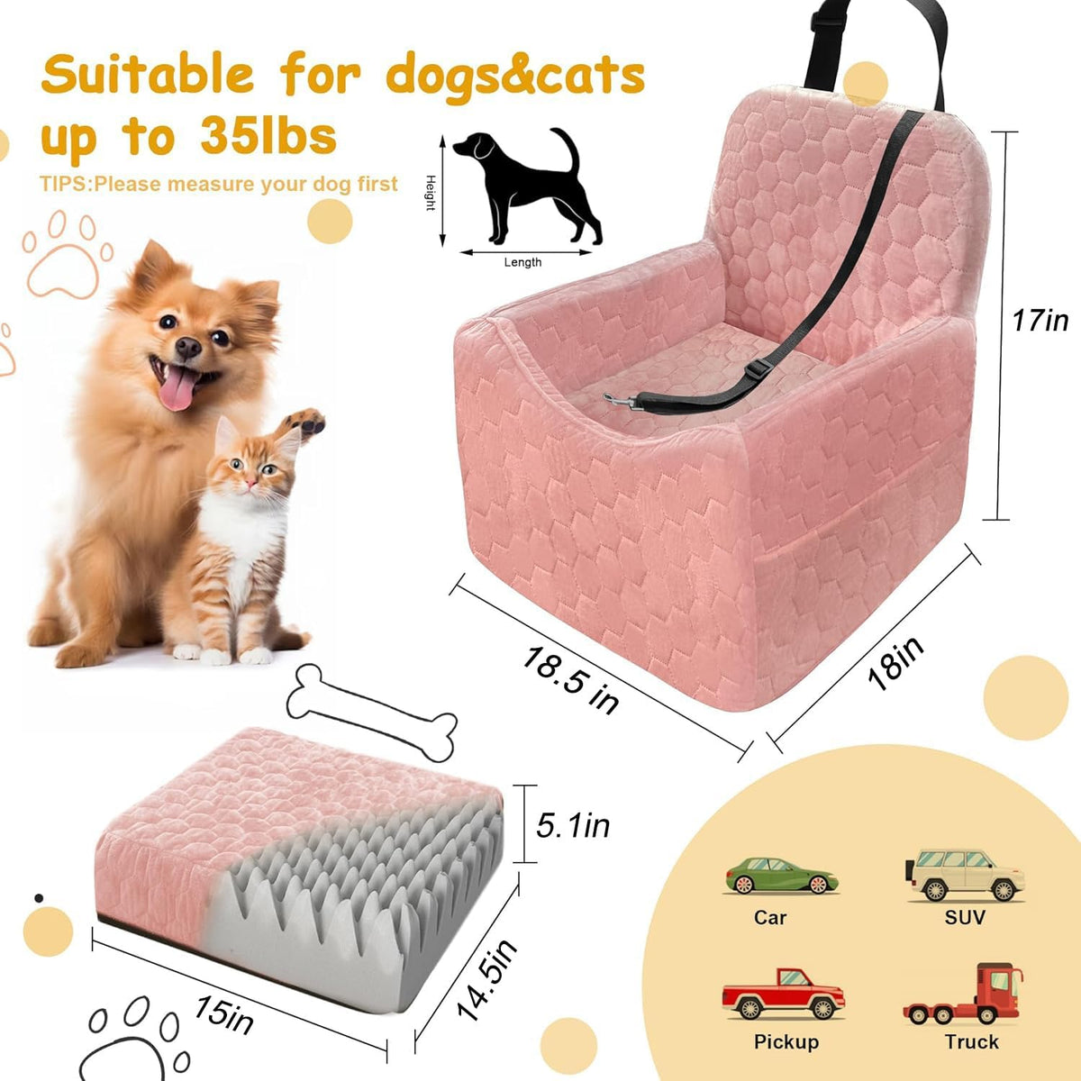 Dog Car Seat for Small/Medium Dogs, Memory Foam Dog Booster Seat - Pink / Medium - image 2