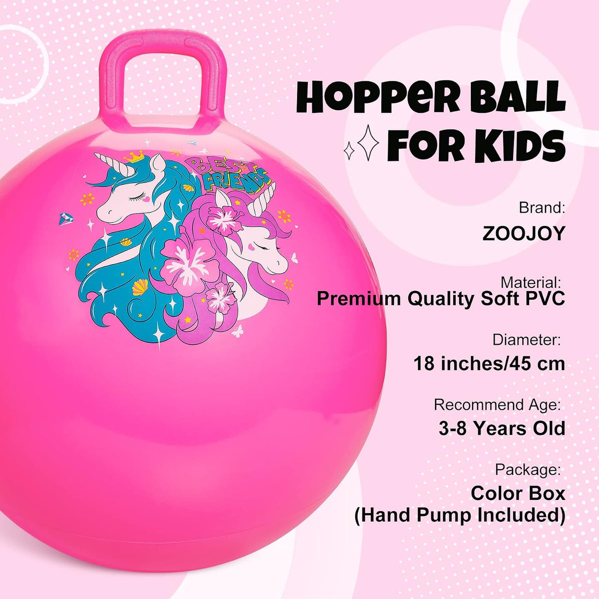 ZOOJOY Hopper Ball, Hopping Toys for Kids - Age:3-8(18''/45cm) / Pink Unicorn - image 2