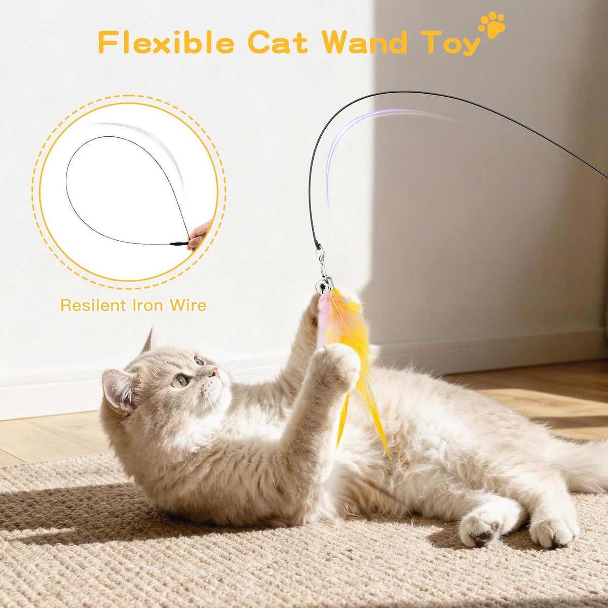 Pawaboo Cat Feather Wand Interactive Toy - Pink+White+Yellow - image 2