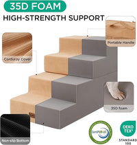 Made4Pets Dog Steps for Bed, Extra Wide Dog Stairs for High Bed Couch Sofa, 35D Foam Pet Steps for Small Dogs and Cats, Non-Slip Bottom Pet Stairs, Tan, 4 Steps