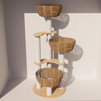 Modern Wood Rattan Cat Tree for Large Cats, Luxury Multi-Level Oak Solid Wood Cat Trees Towers，w/3 Weaving Cat Nests & Washable Cushions, Sisal Scratching Posts, for Indoor Large Cats-No paint/wax oil