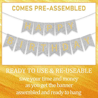 Happy Birthday Banner,Pre-Strung Black and Gold Party Decorations，16ft Pre-Strung Hanging Sign - silver - image 3