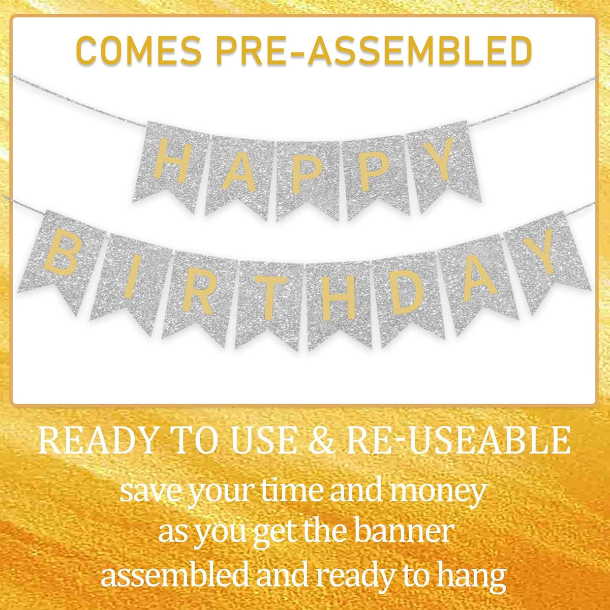 Happy Birthday Banner,Pre-Strung Black and Gold Party Decorations，16ft Pre-Strung Hanging Sign - silver - image 3