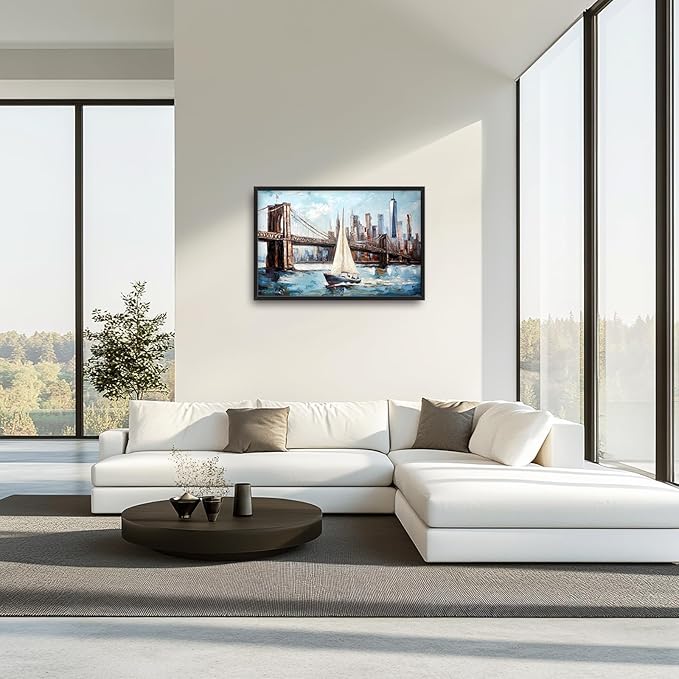 Extra Large Sailboat Framed Wall Art for Living Room,Oversized New York Brooklyn Bridge Pictures Wall Decor,Cityscape Canvas Print Painting Modern Artwork Bedroom Office Bathroom 36L" x 24W"