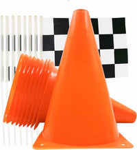 YOELVN race car party cones, six orange 7 inch traffic cones holding checkered flags - view 3