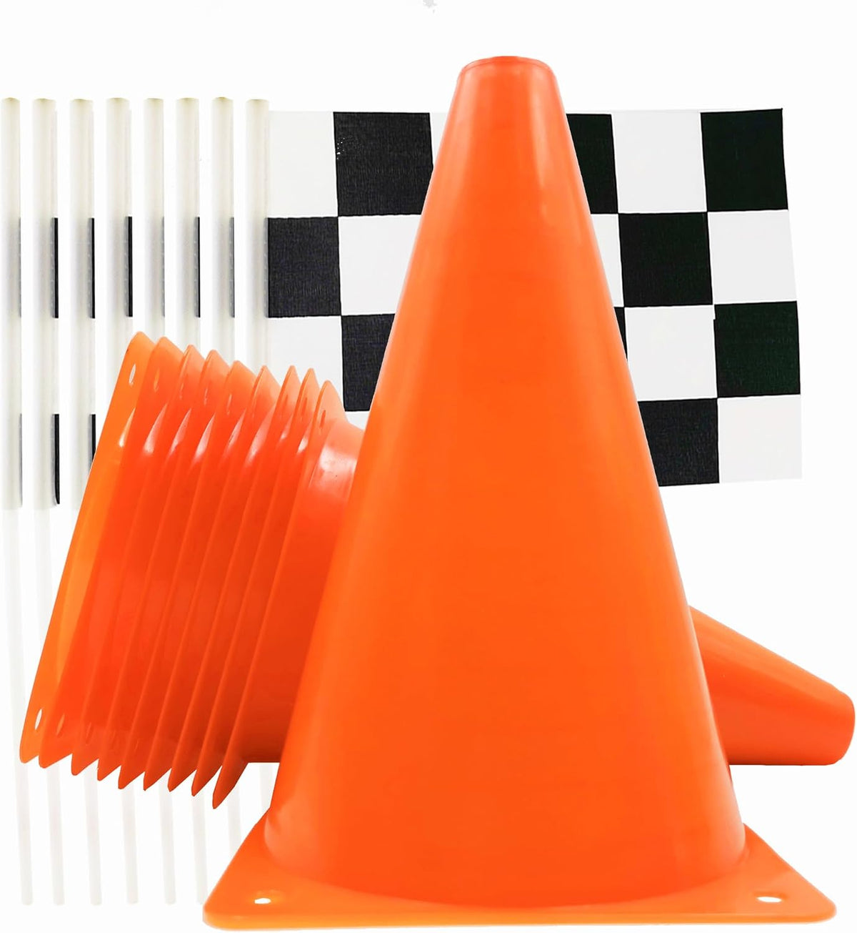 YOELVN race car party cones, six orange 7 inch traffic cones holding checkered flags - view 3