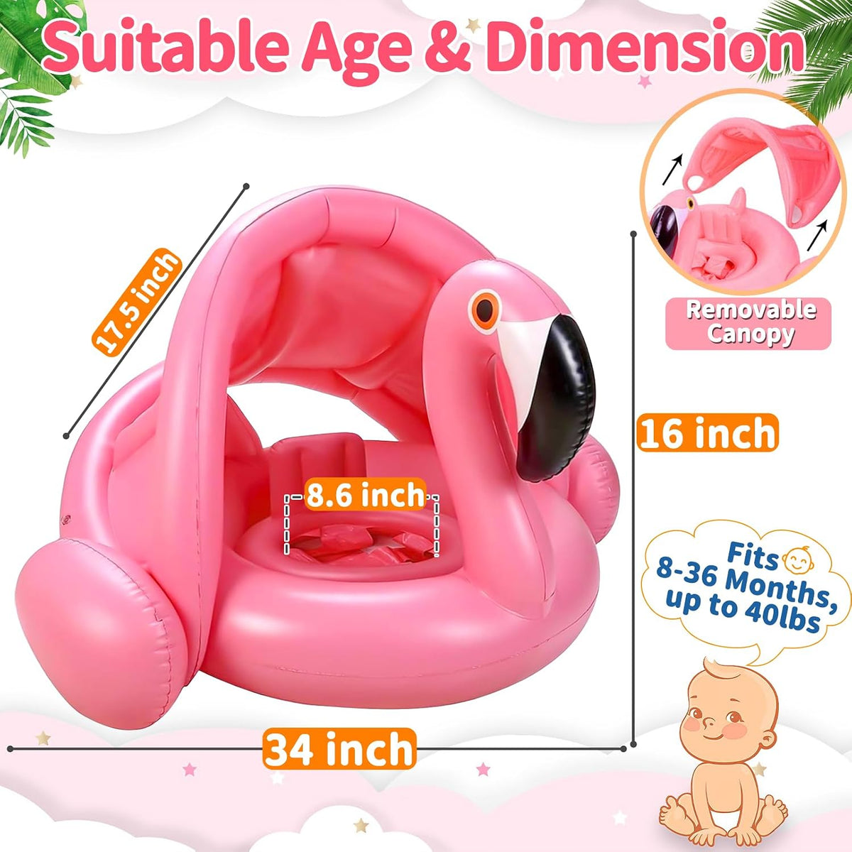 Flamingo Baby Float with Canopy, Baby Pool Float - image 2