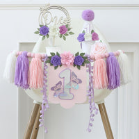 First Birthday Decorations for Boy Blue One Year Old High Chair - Purple White Pink