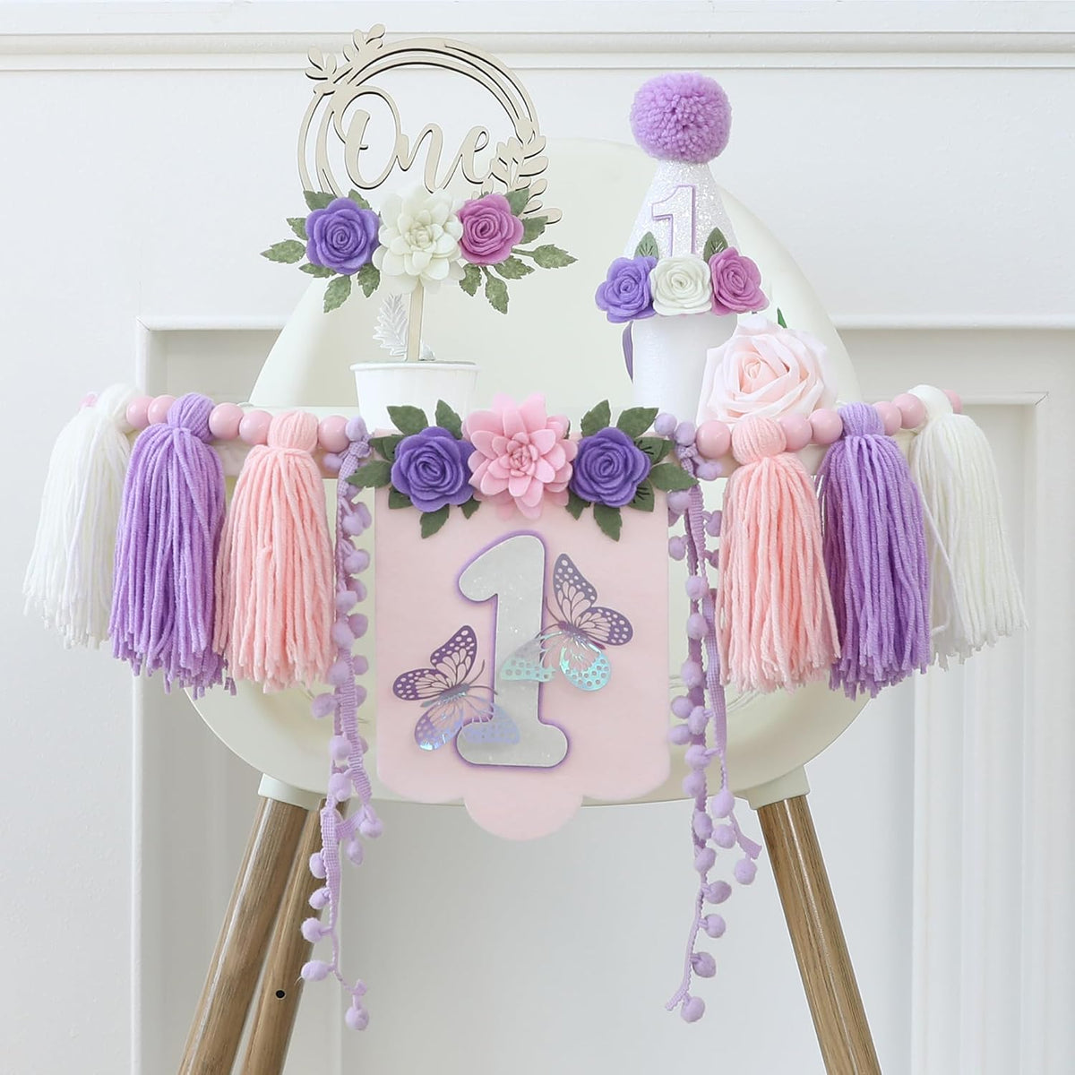 First Birthday Decorations for Boy Blue One Year Old High Chair - Purple White Pink