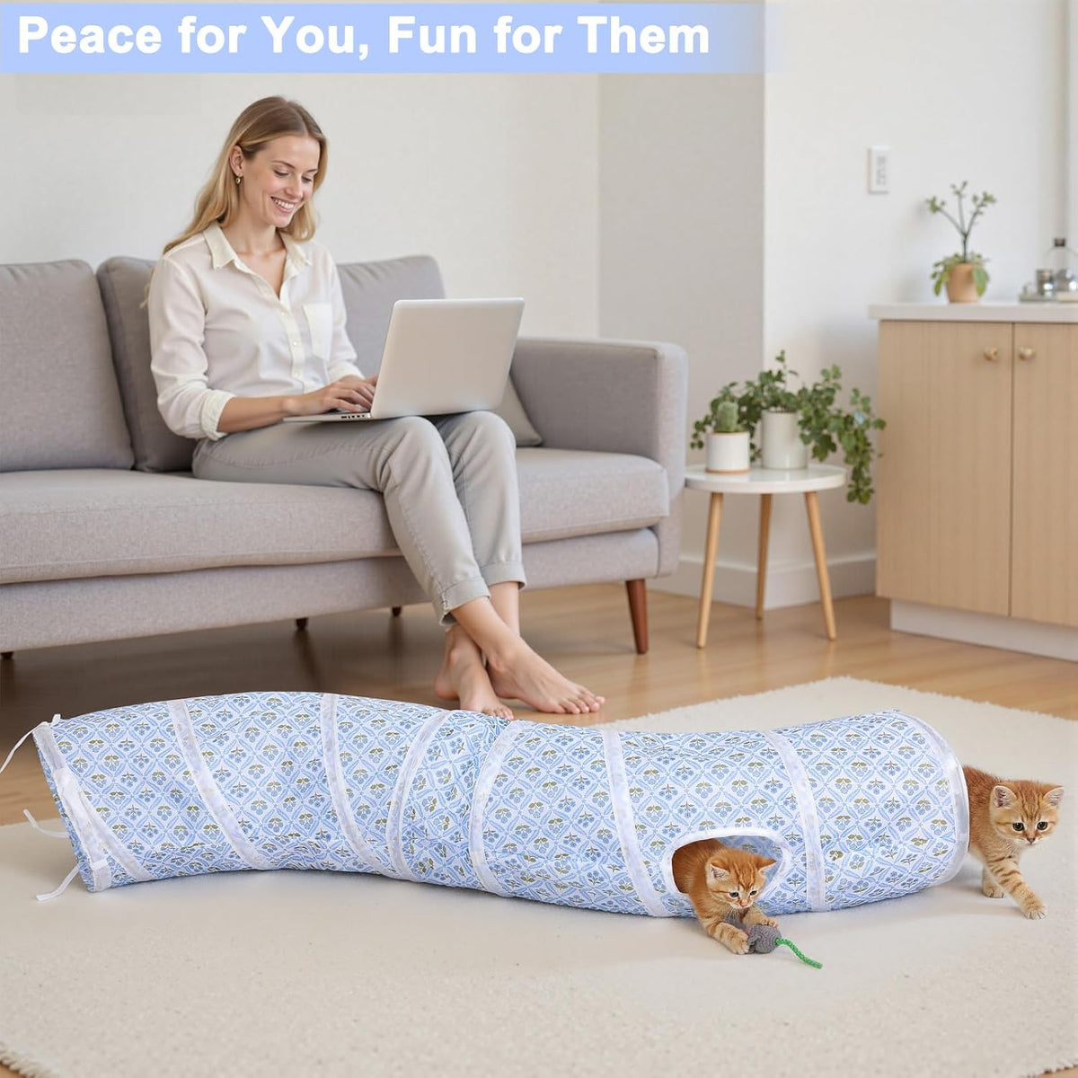 Glittme Cat Tunnel, Cat Tunnels for Indoor Cats - Blue Flowers - image 2