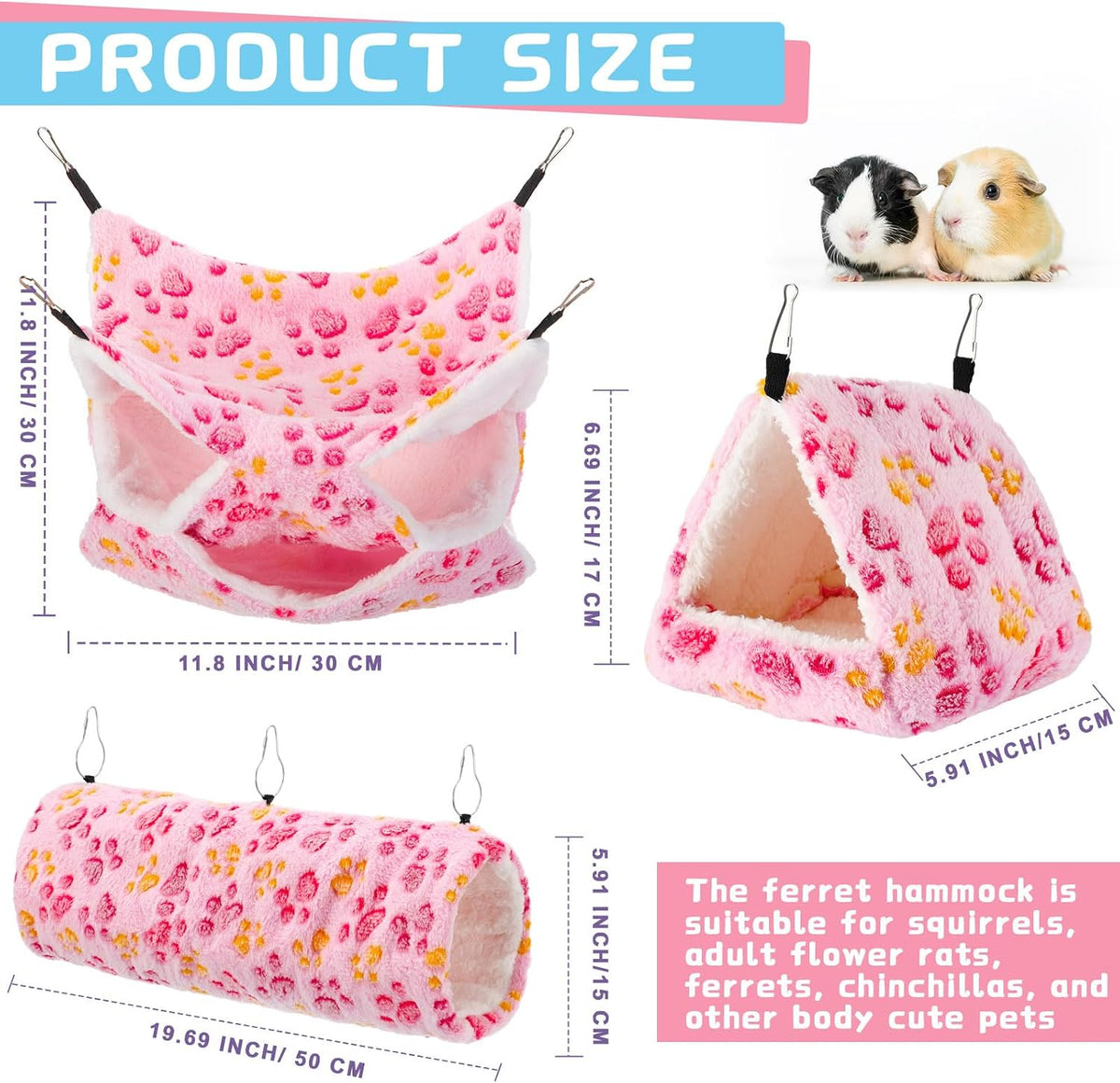 Abbylike 9 Pieces Rat Hammock 3 Tier Guinea Pig Ferret Hammocks Small - Purple, Pink, Rose Red / Paw - image 2