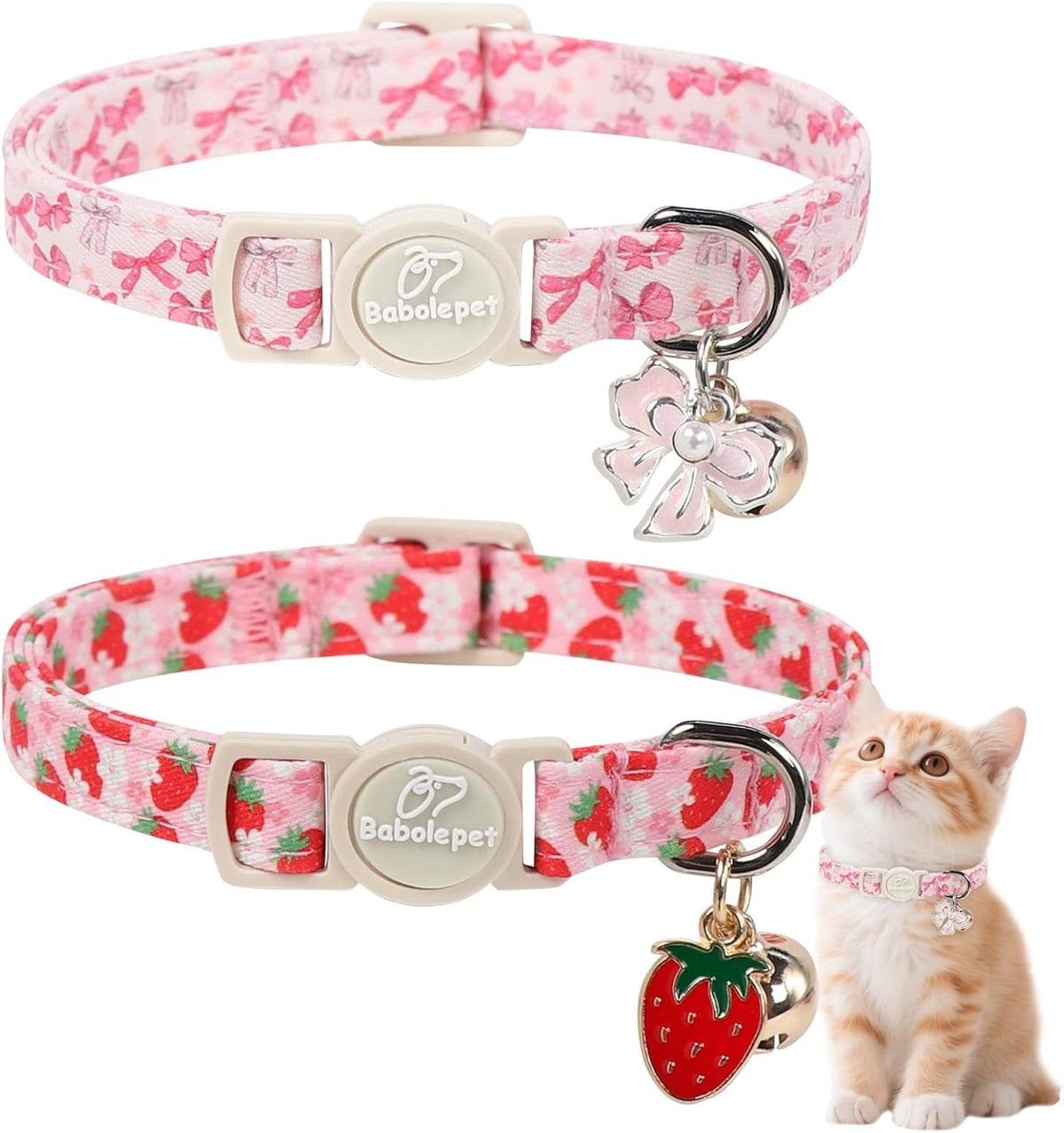 2 Pack Cute Cat Collars - Cartoon Bee Ladybug Breakaway Cat Collar with Bell & Matching Pendant - Pink Strawberry&Bow