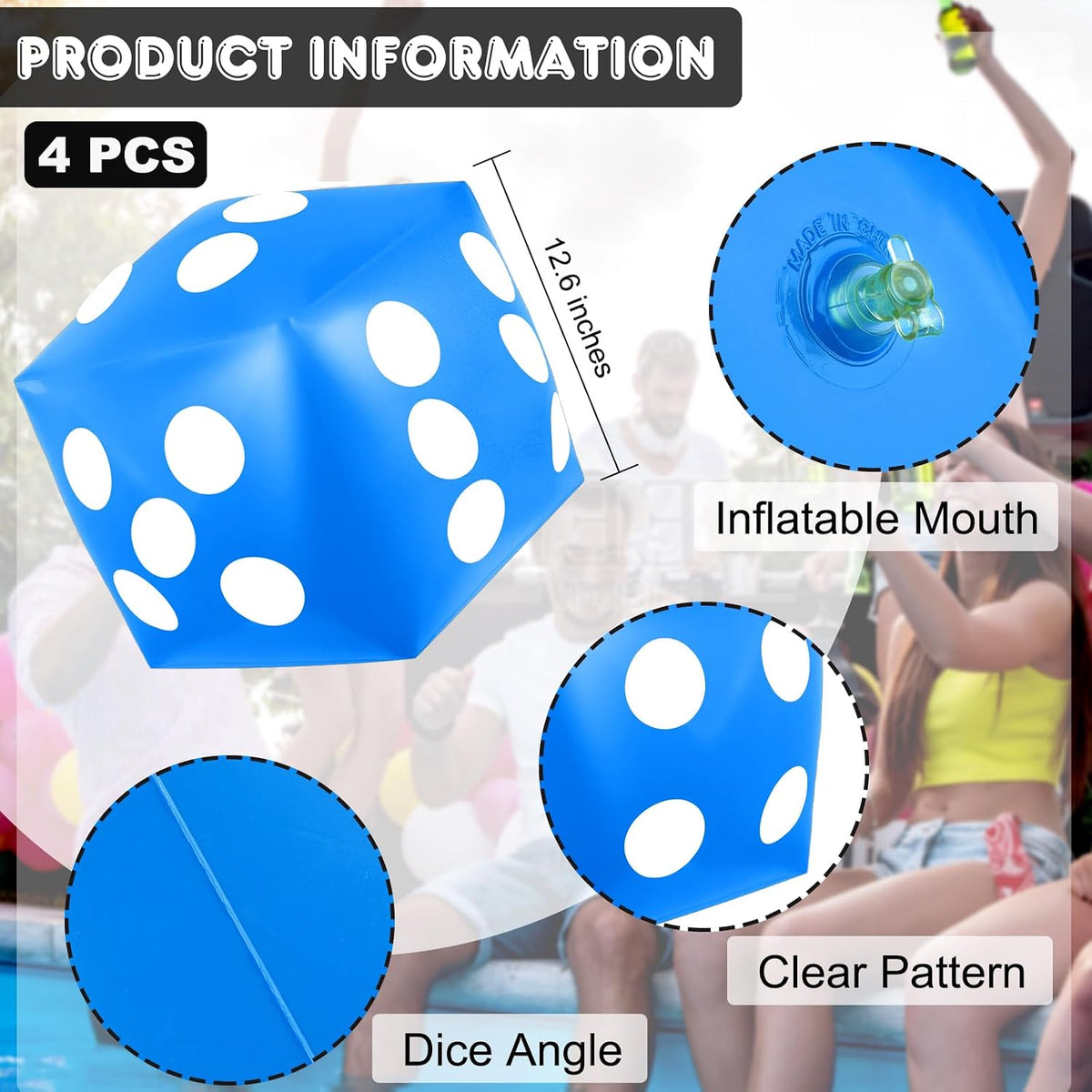 Mototo 4 pack jumbo inflatable dice in red, white, black and blue - view 24