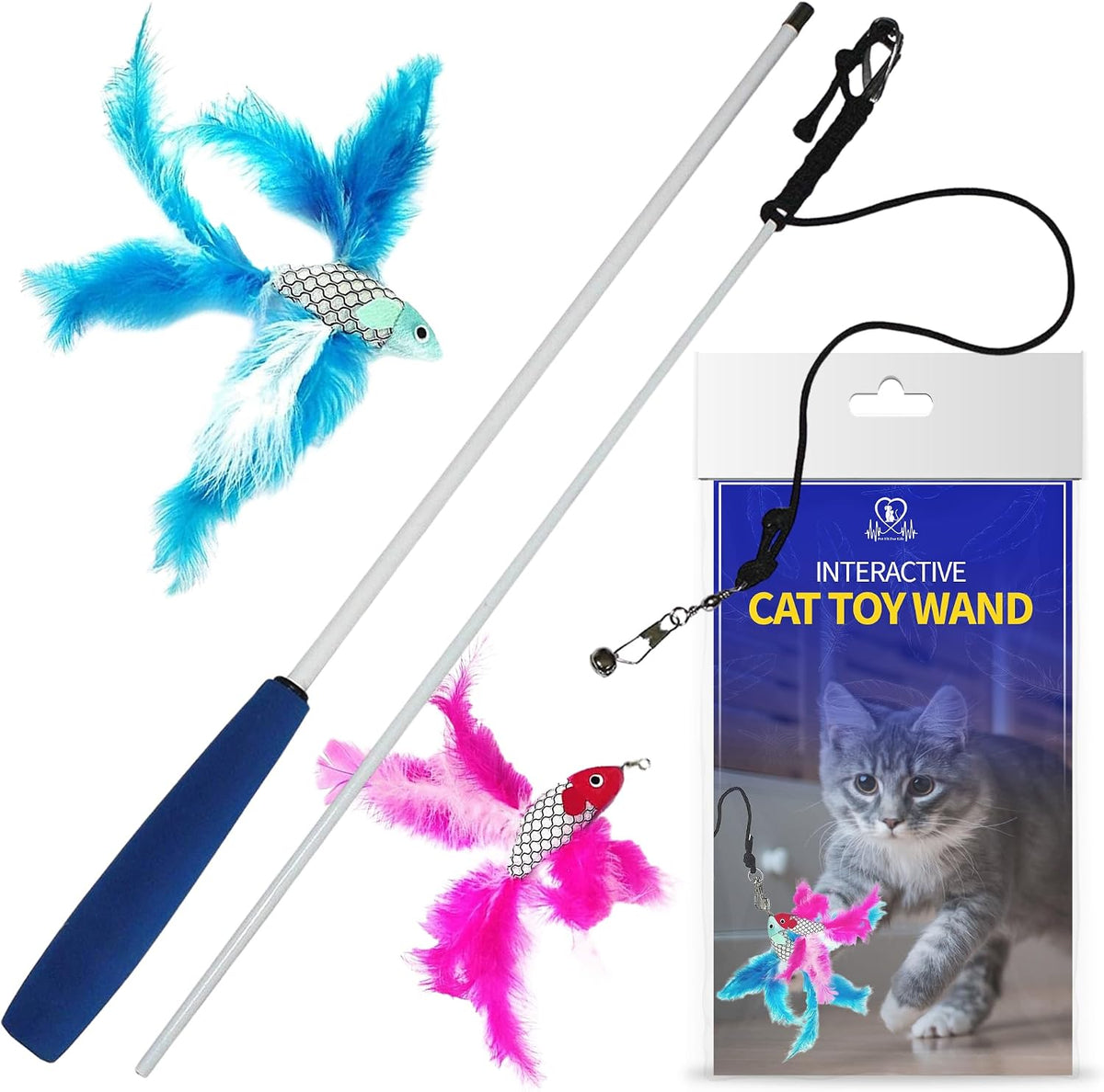 Pet Fit For Life Cat Feather Interactive Wand Toy Set - Wand + 2 Feathery Fish
